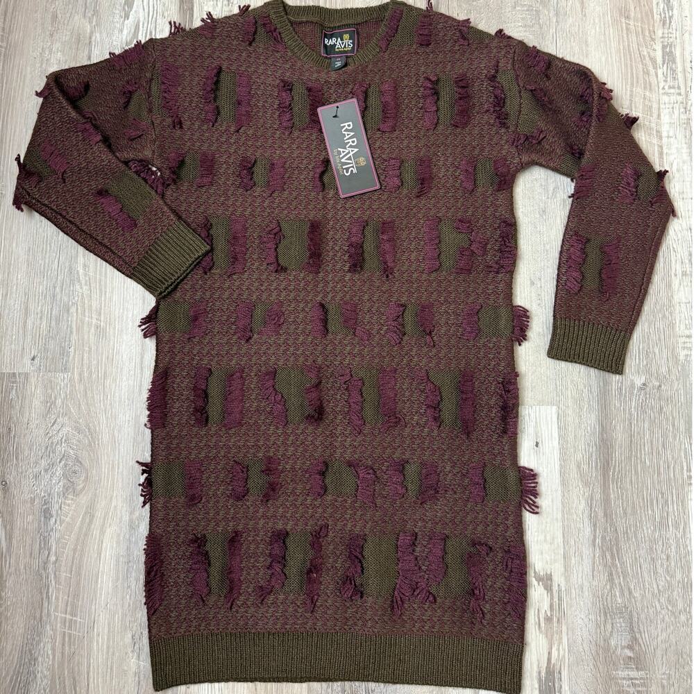 Rara Avis by Iris Apfel NWT Chunky Fringe Sweater Dress Olive Burgundy XS - Picture 3 of 13